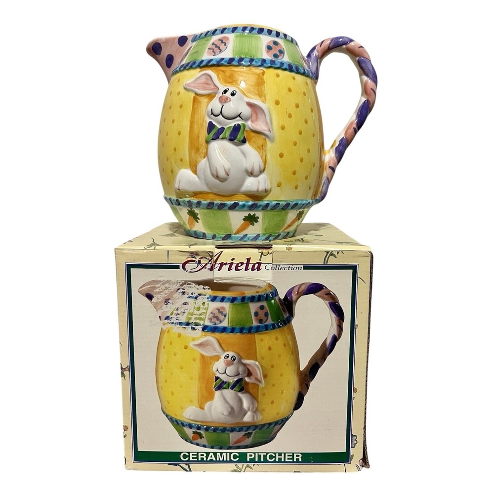 Ariela Collection Easter Bunny Ceramic Pitcher Yellow Hand Painted Bazaars Inc
